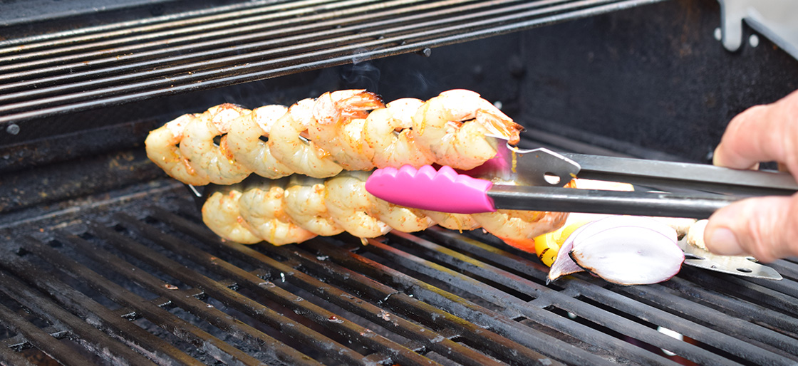 Easy to flip BBQ Skewers holding Shrimp